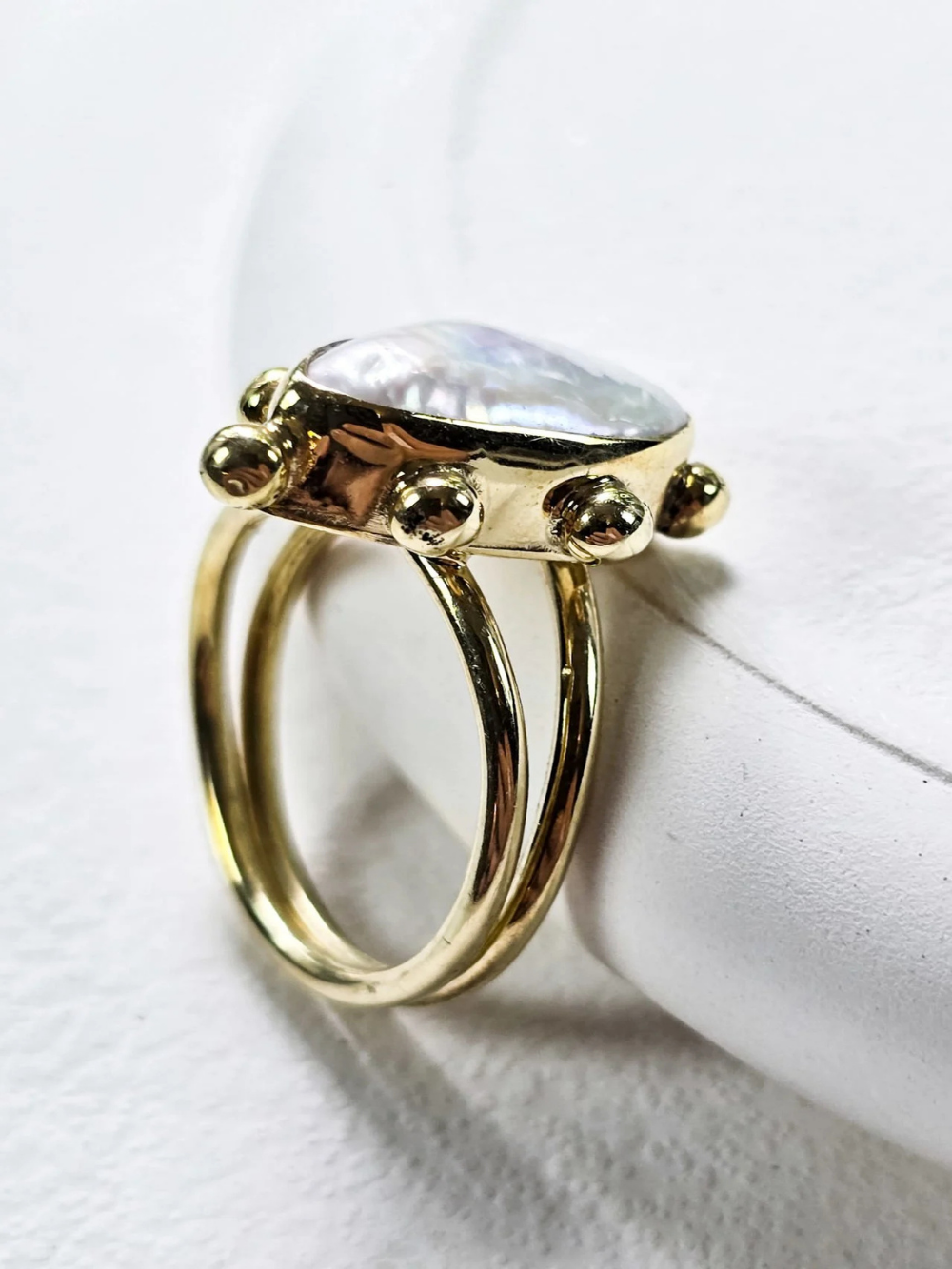 925 Sterling Silver 14K Gold-Plated Pearl Adjustable Ring