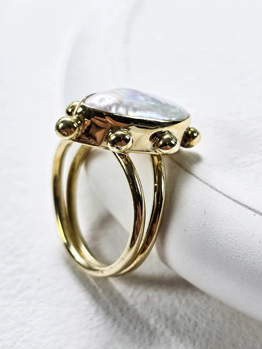 925 Sterling Silver 14K Gold-Plated Pearl Adjustable Ring