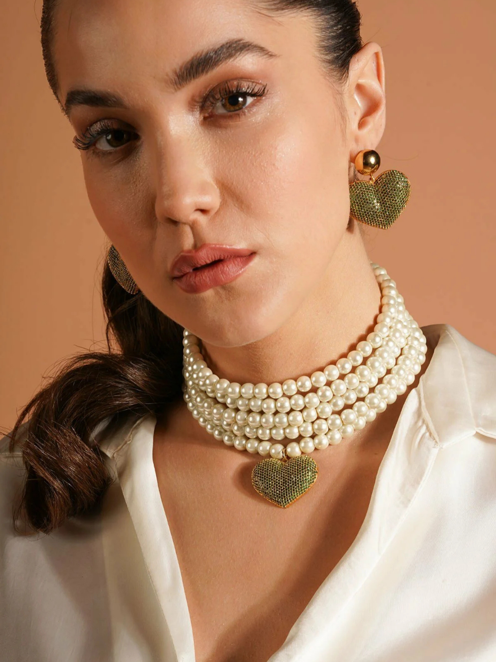 Heart & Pearl Necklace and Earring Set