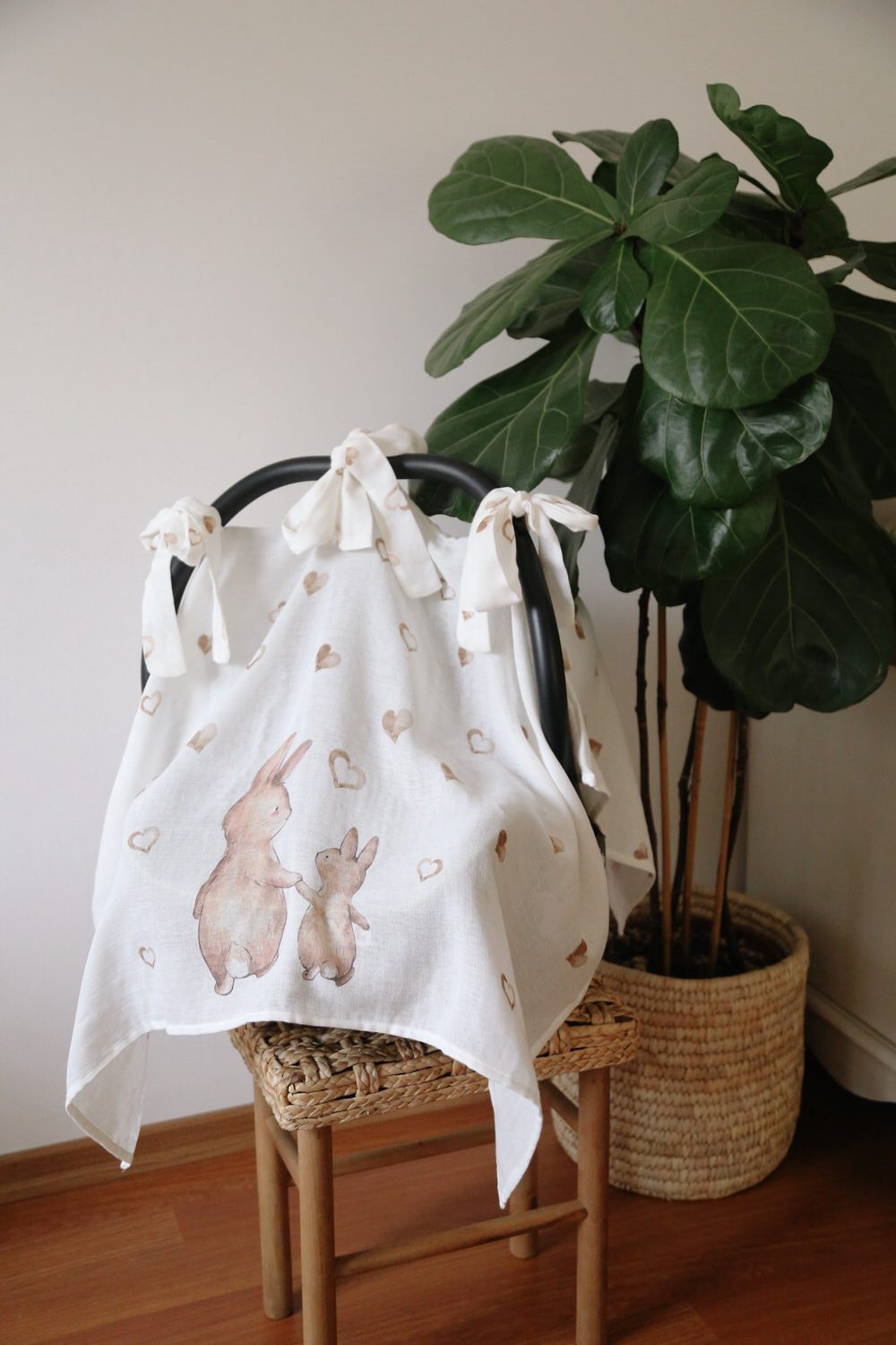 Double-Layer Organic Muslin Stroller Cover with Heart Bunny Family Pattern