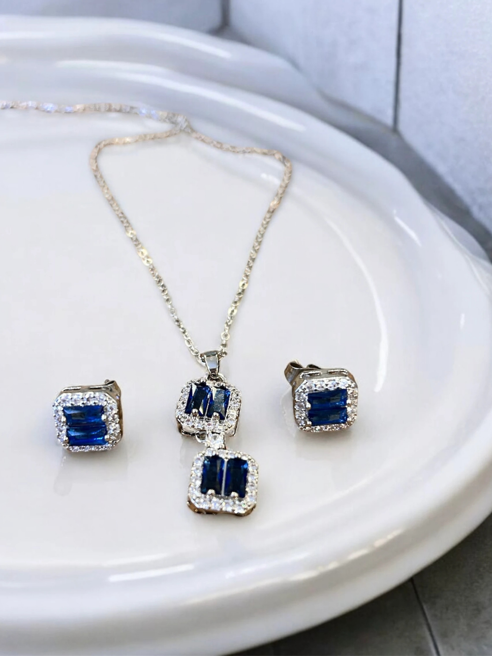 Navy Blue Zircon Stone Square Necklace & Earring Set
