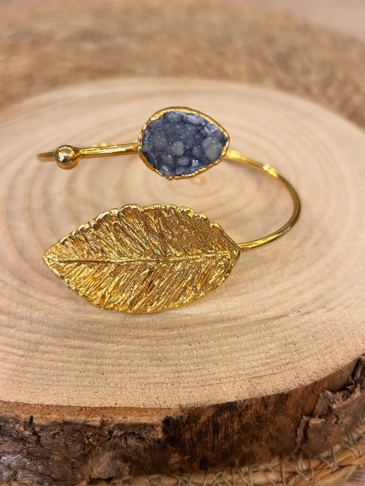 Leaf Detail Raw Amethyst Gold Plated Designer Cuff Bracelet