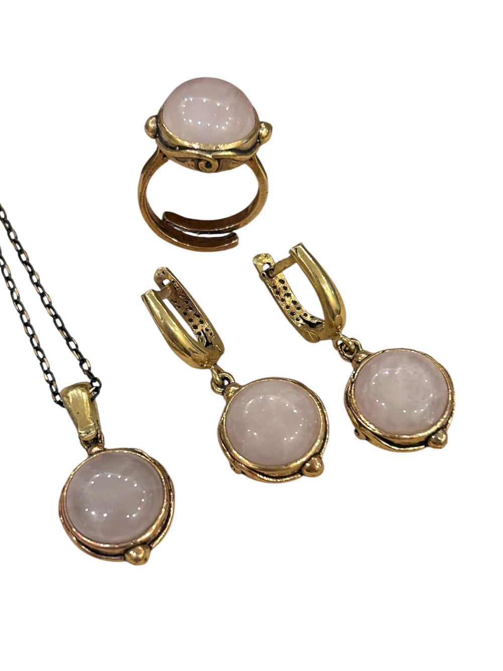 Rose Quartz Stone Necklace & Adjustable Ring Set