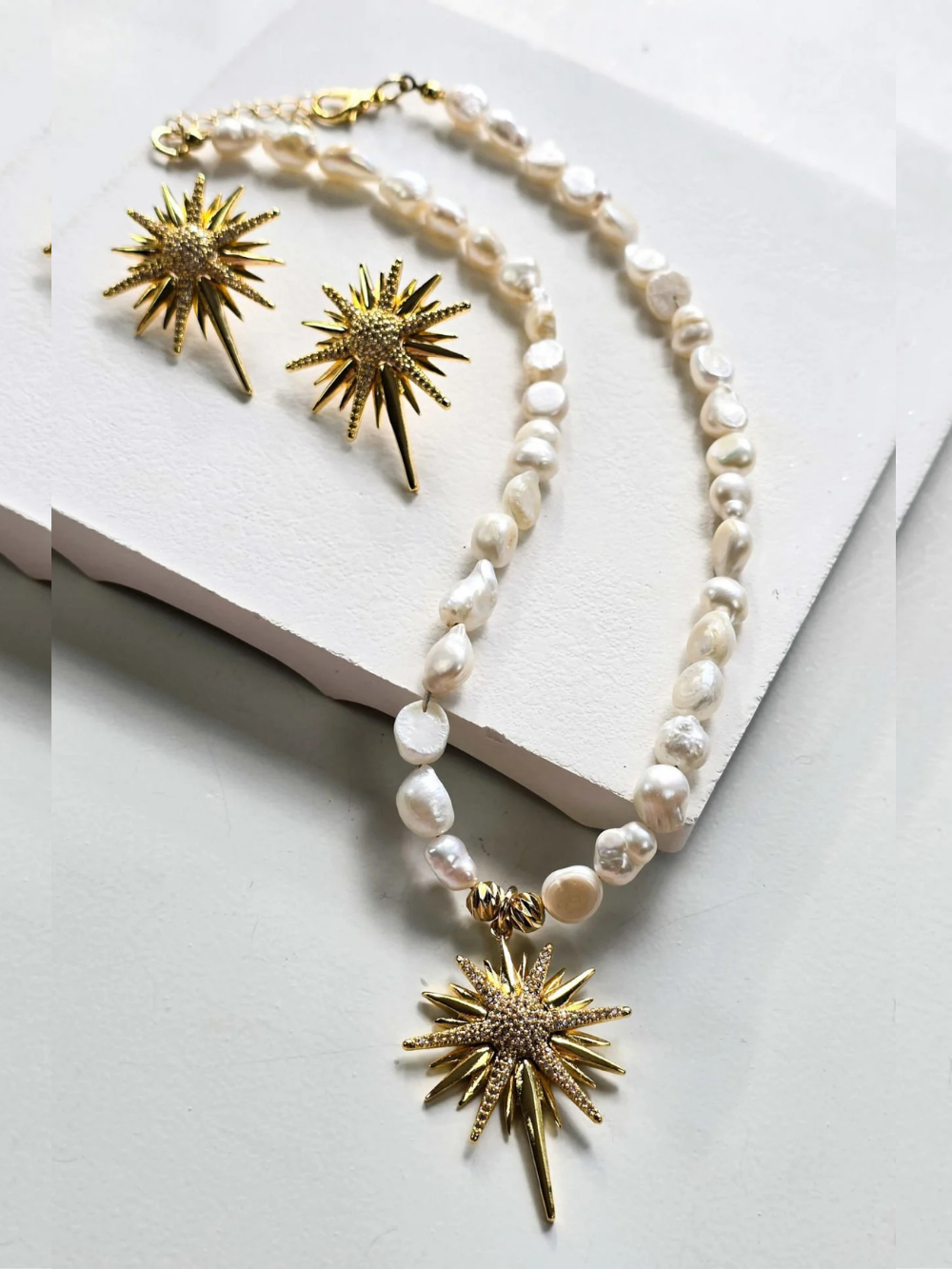 Gold North Star & Pearl Necklace and Earring Set