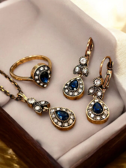 Navy Blue Stone Teardrop Necklace, Earring & Ring Set