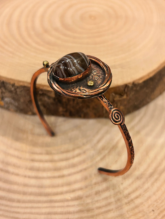 Handmade Brown Striped Agate Stone Copper Cuff Bracelet