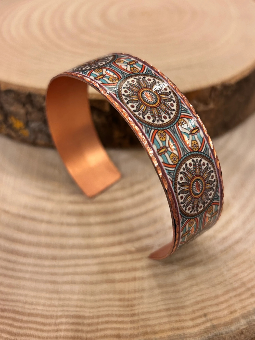 Copper Cuff with Flower of Life Pattern on Earth-Toned Background