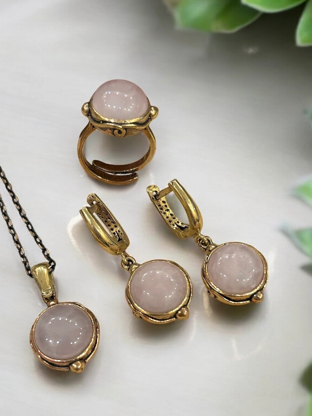 Rose Quartz Stone Necklace & Adjustable Ring Set