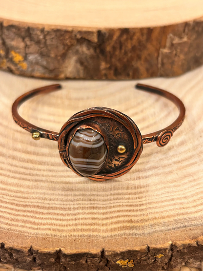 Handmade Brown Striped Agate Stone Copper Cuff Bracelet