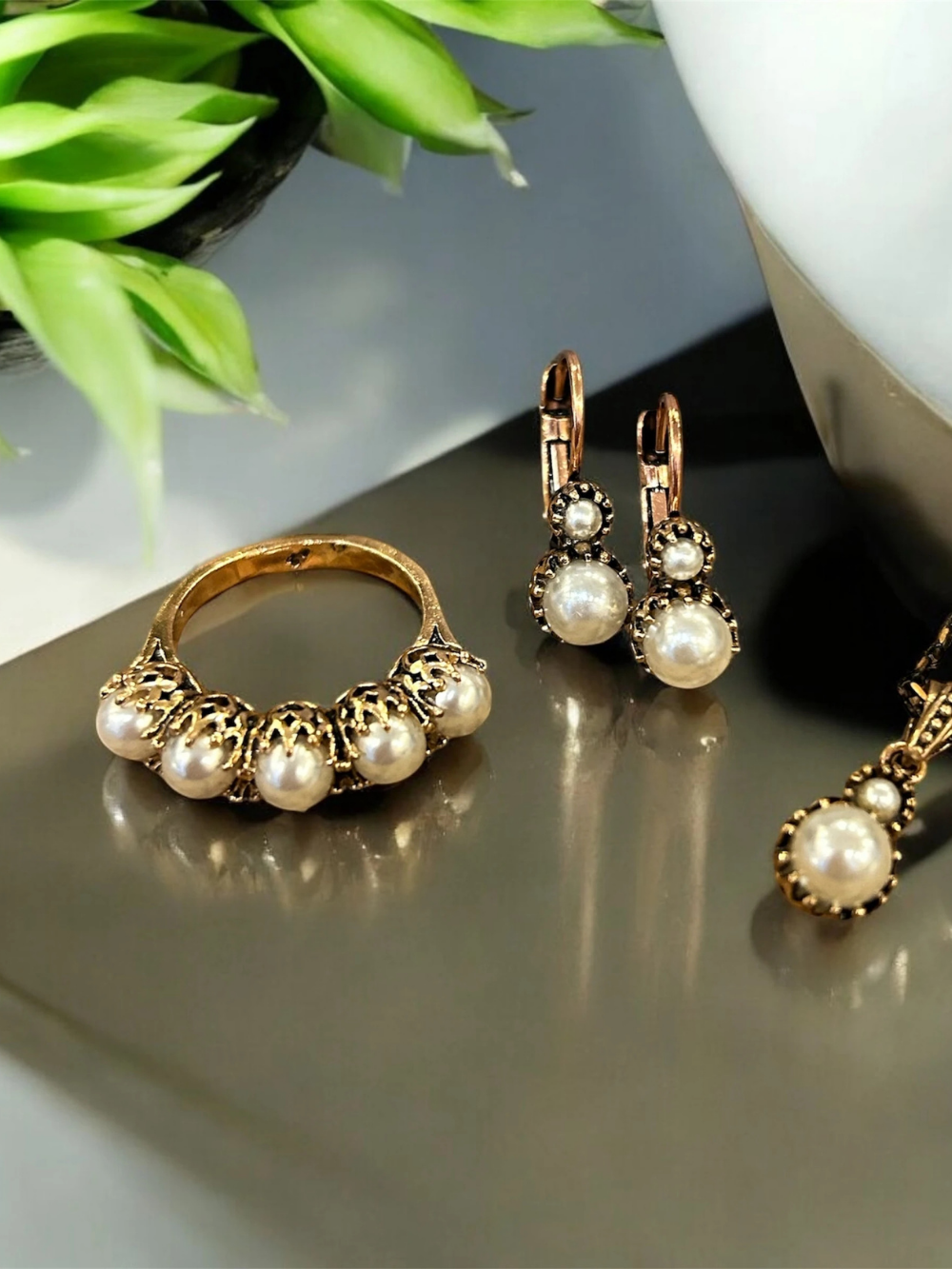 Five Pearl Ring, Earring & Necklace Set