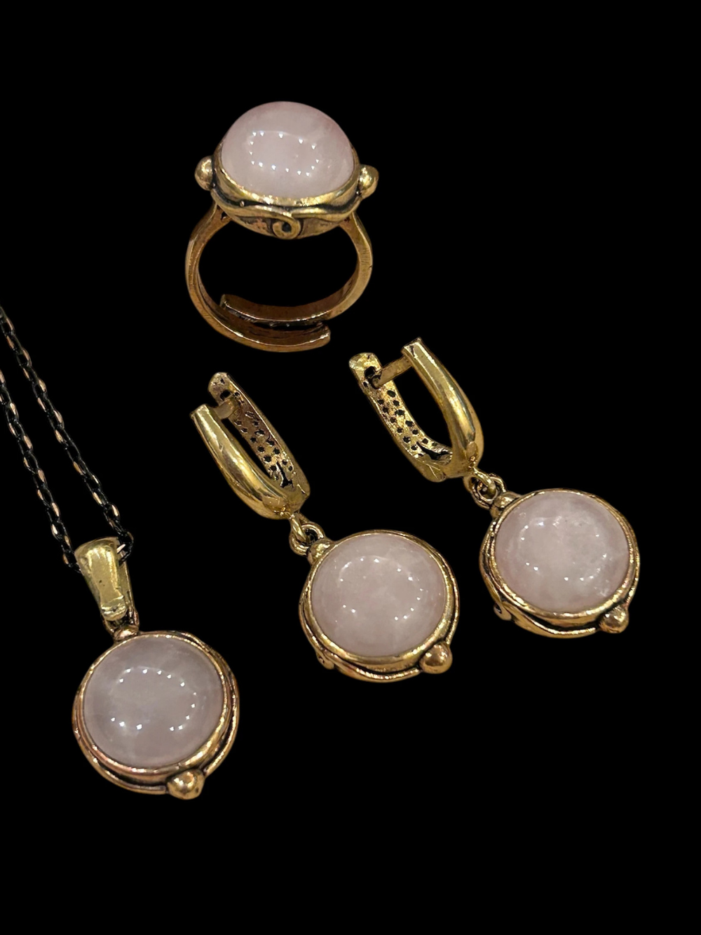 Rose Quartz Stone Necklace & Adjustable Ring Set