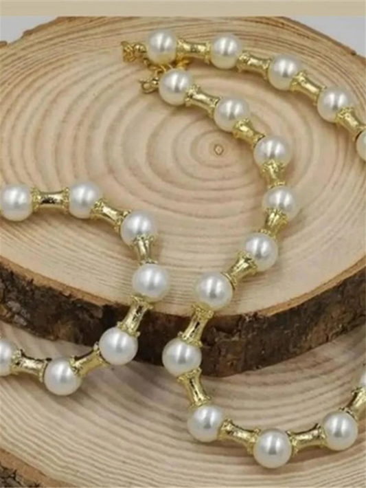 Bamboo Design Pearl Necklace & Bracelet Set