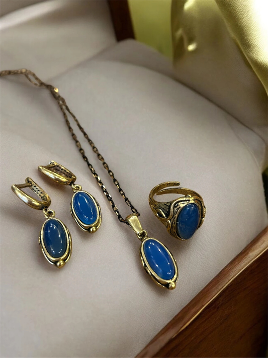 Blue Agate Stone Necklace, Earring & Ring Set