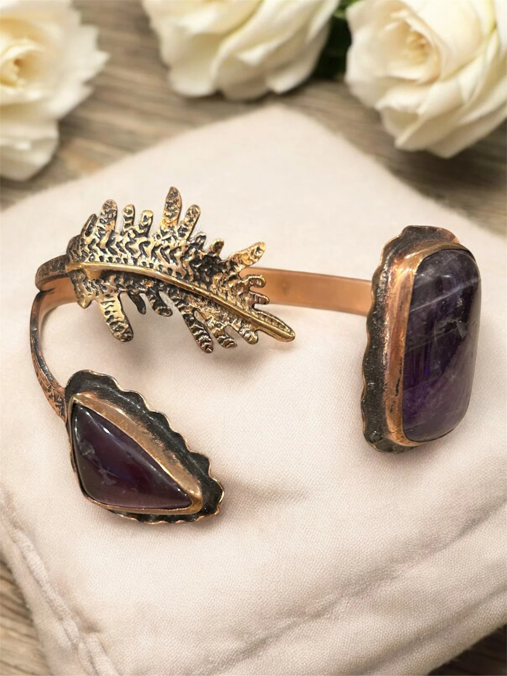 Handmade Copper Cuff Bracelet with 2 Amethyst Stones