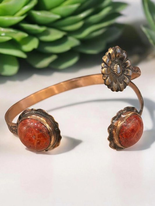 Handmade Coral Stone Copper Cuff Bracelet