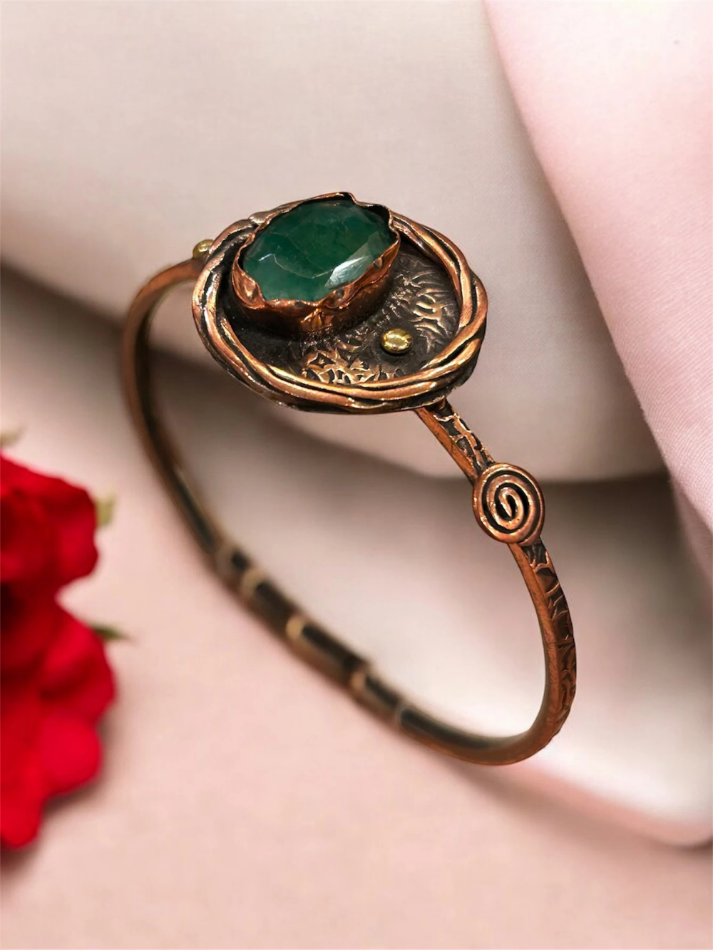 Handmade Emerald Stone Copper Cuff Bracelet