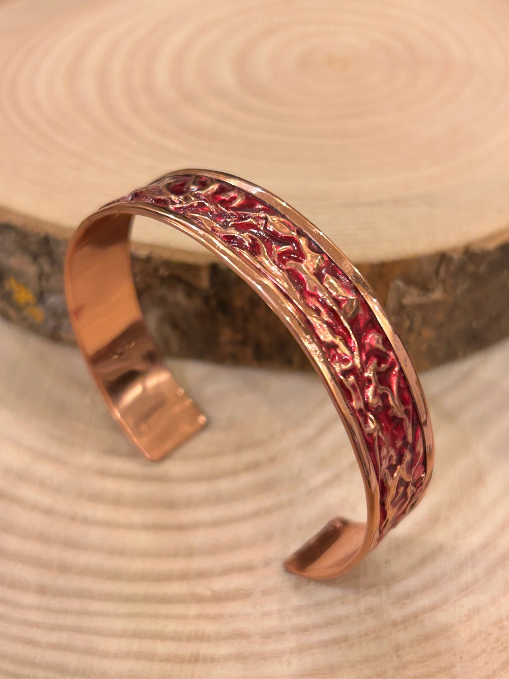 Red Patterned Copper Cuff Bracelet