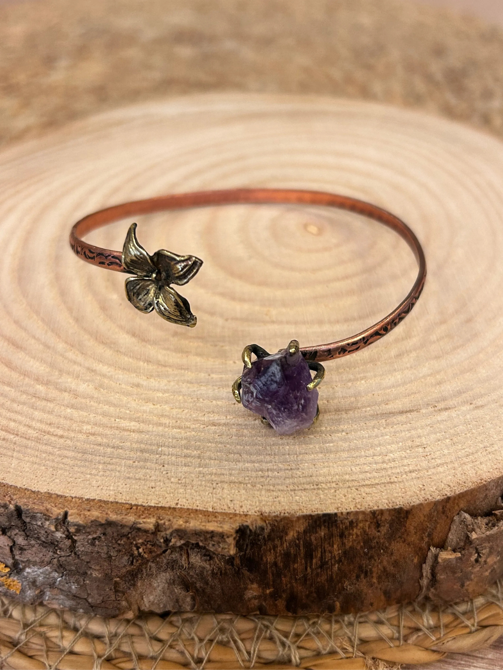 Raw Amethyst Stone Copper Cuff Bracelet with Floral Details