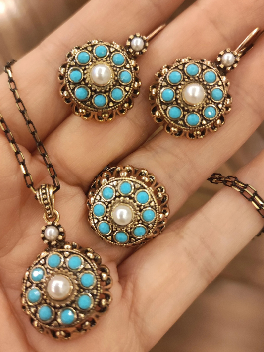 Turquoise Stone & Pearl Necklace, Ring, and Earring Set