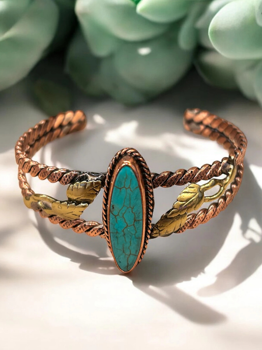 Handmade Marquise-Cut Turquoise Stone Copper Cuff Bracelet