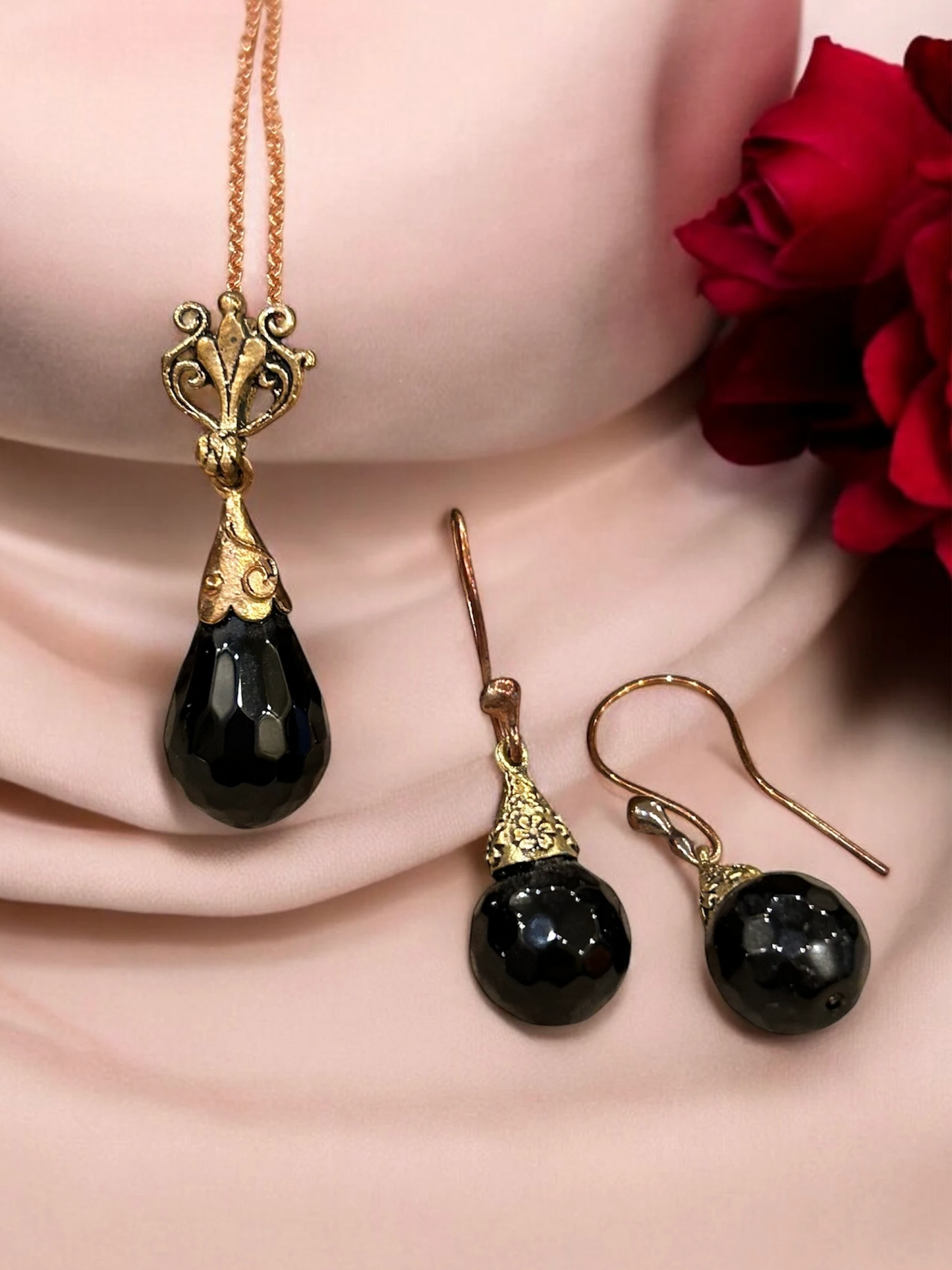 Handmade Copper Necklace & Earring Set with Black Agate Stone