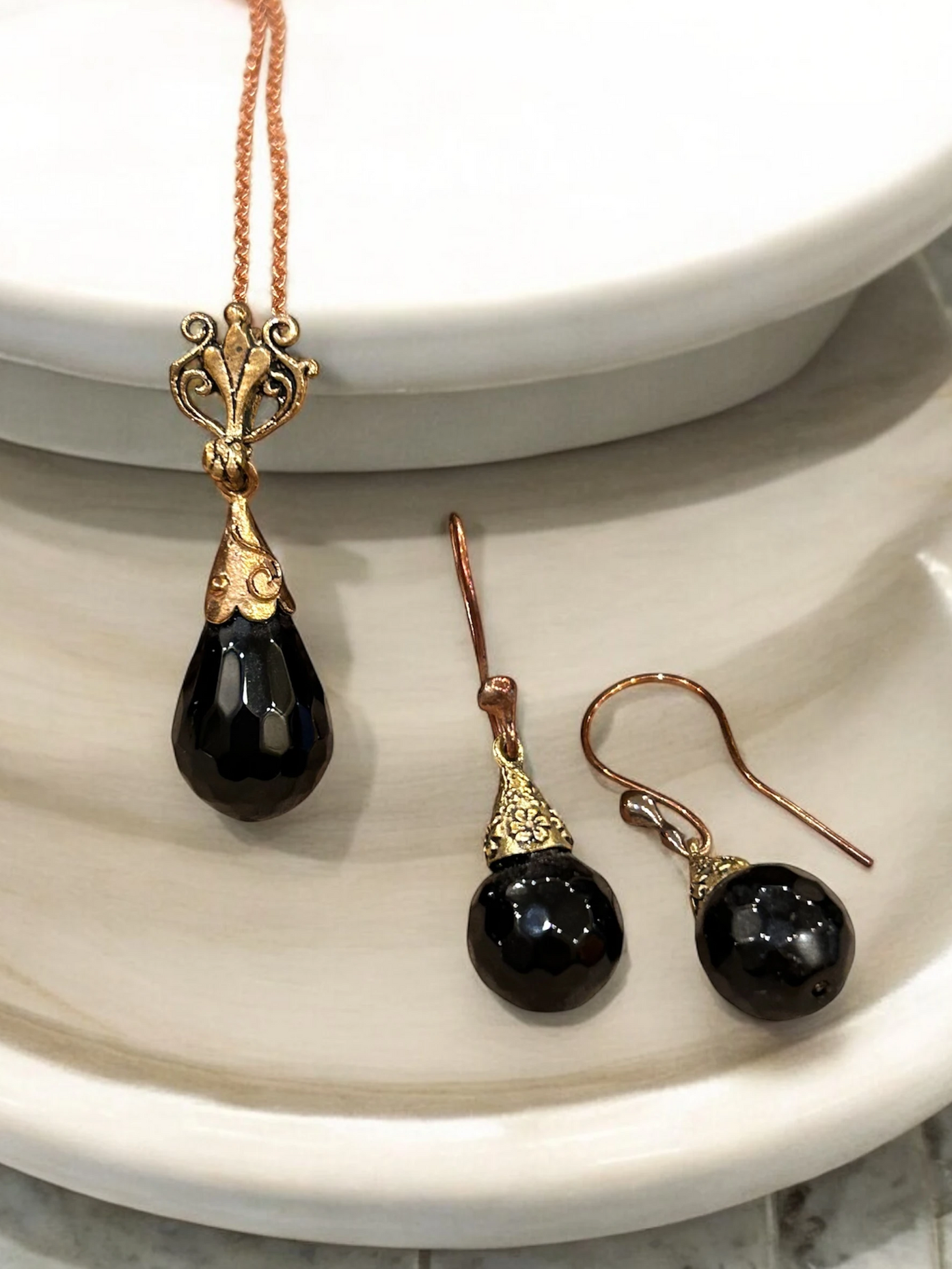 Handmade Copper Necklace & Earring Set with Black Agate Stone