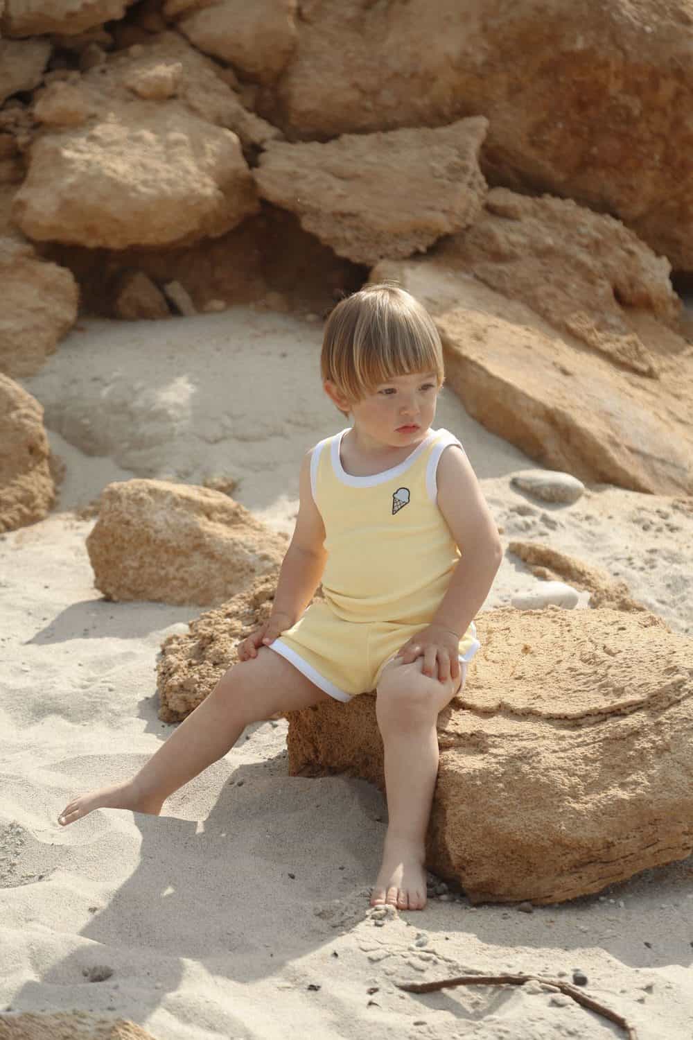 Yellow Ice Cream Embroidered Terry Summer Oversize Baby & Kids Set
