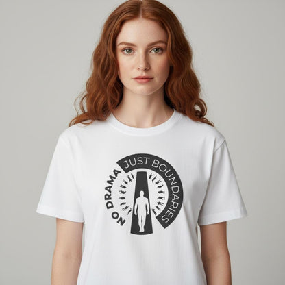 No Drama Just Boundaries T-Shirt | White Tee with Silhouette Door Design