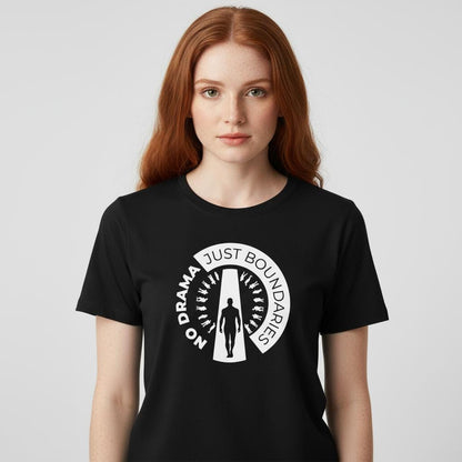 No Drama Just Boundaries T-Shirt | White Tee with Silhouette Door Design